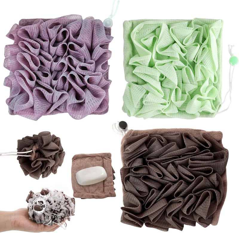 PKRFCJ 3 Pcs Soap Bar Loofah, 2 in 1 Bar Soap Loofah Pouch Can Hold Soap Effective Exfoliation for Bathing (Green+ Coffee Brown+ Purple) - Image 1